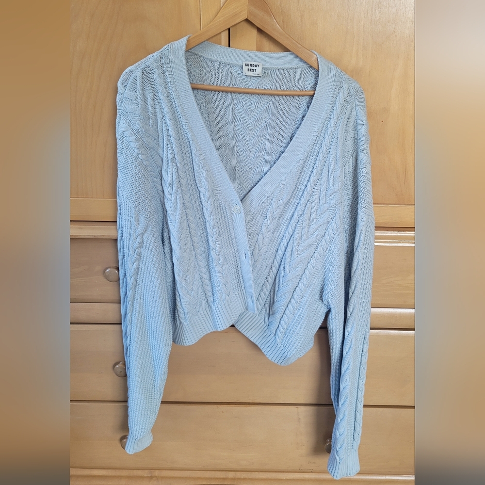 Sunday Best Light Blue Cable Knit Cardigan V Neck Sweater Xl 100% Cotton Aritzia